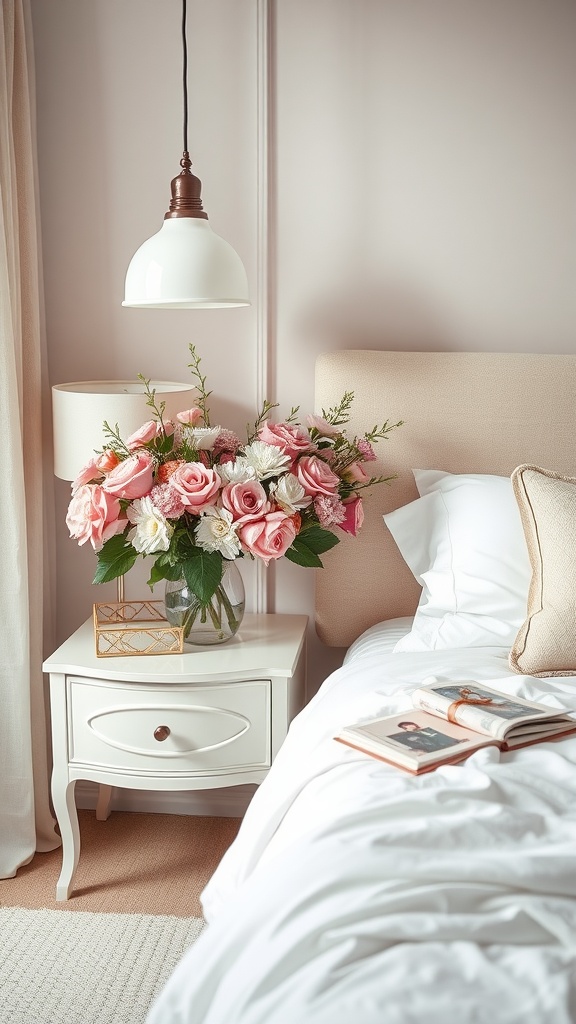 A romantic bedroom featuring a bouquet of pink roses and white daisies on a nightstand.