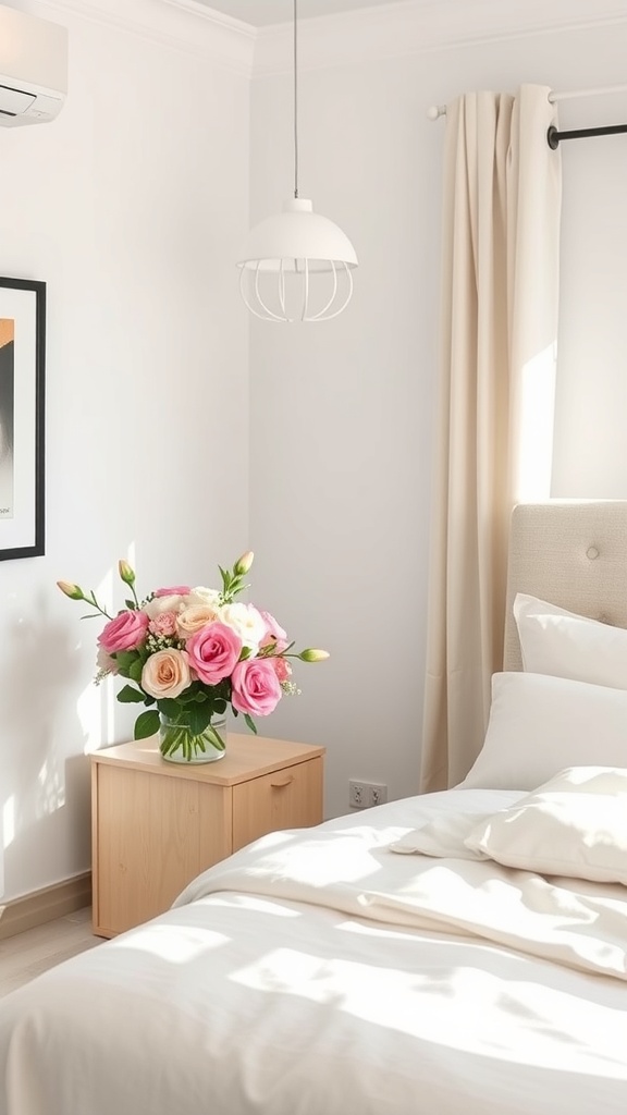 A neutral bedroom with a bouquet of fresh flowers on a bedside table, featuring soft pink and cream colors.
