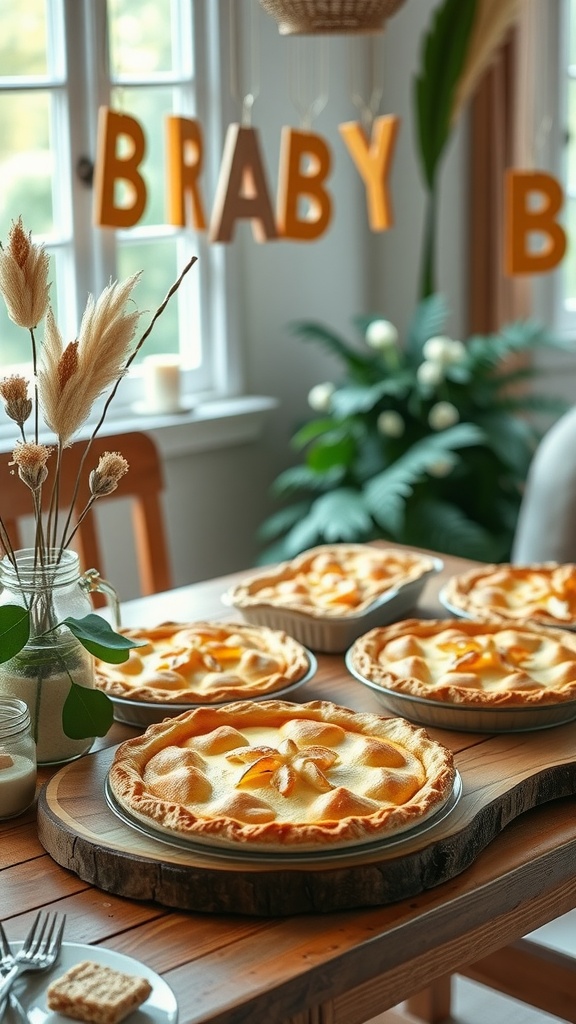 A table display with freshly baked pies and a decorative arrangement of dried flowers.