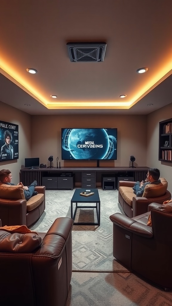 A cozy gaming room with two chairs facing a large screen, perfect for multiplayer gaming.