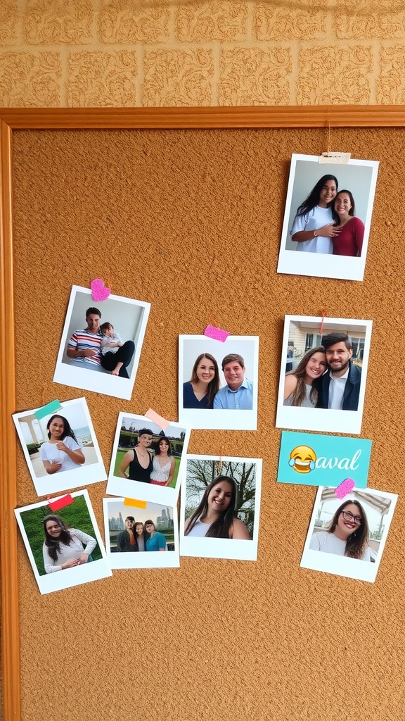 A cork board filled with photos of friends and family, showcasing memorable moments.