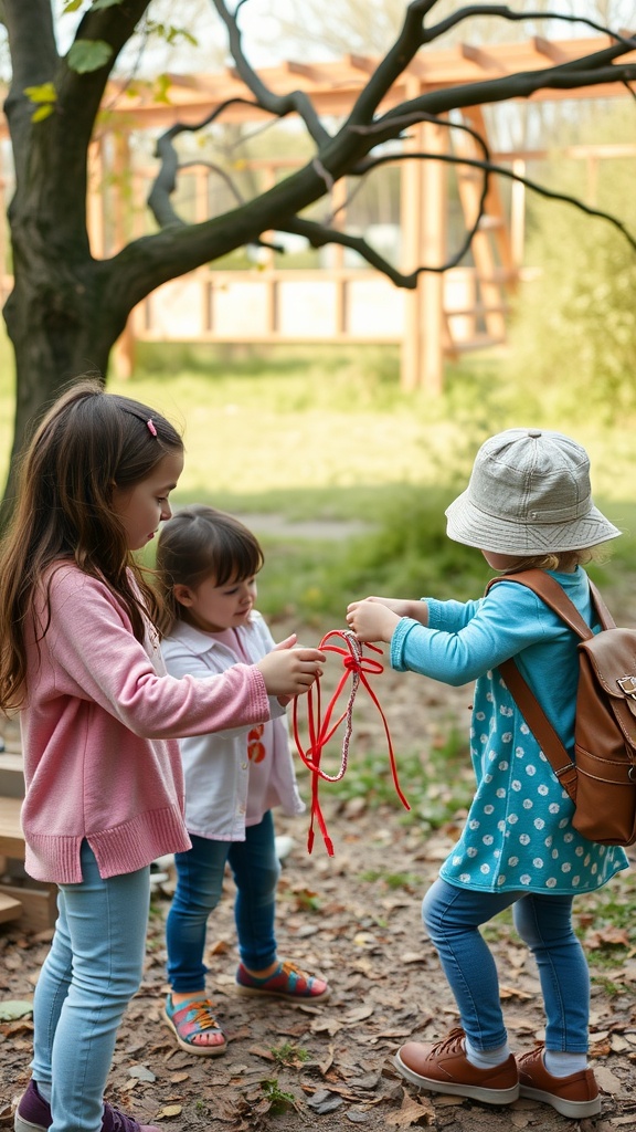Three children outdoors, engaged in making friendship bracelets with colorful strings.