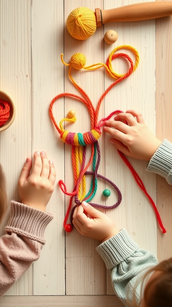 Children's hands making colorful friendship bracelets with yarn and wooden beads.