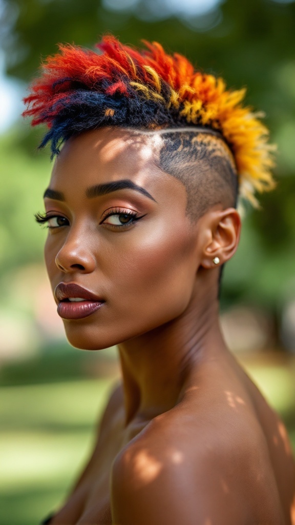 A woman with a Frohawk hairstyle featuring vibrant red, orange, and yellow colors, showcasing natural curls with shaved sides.