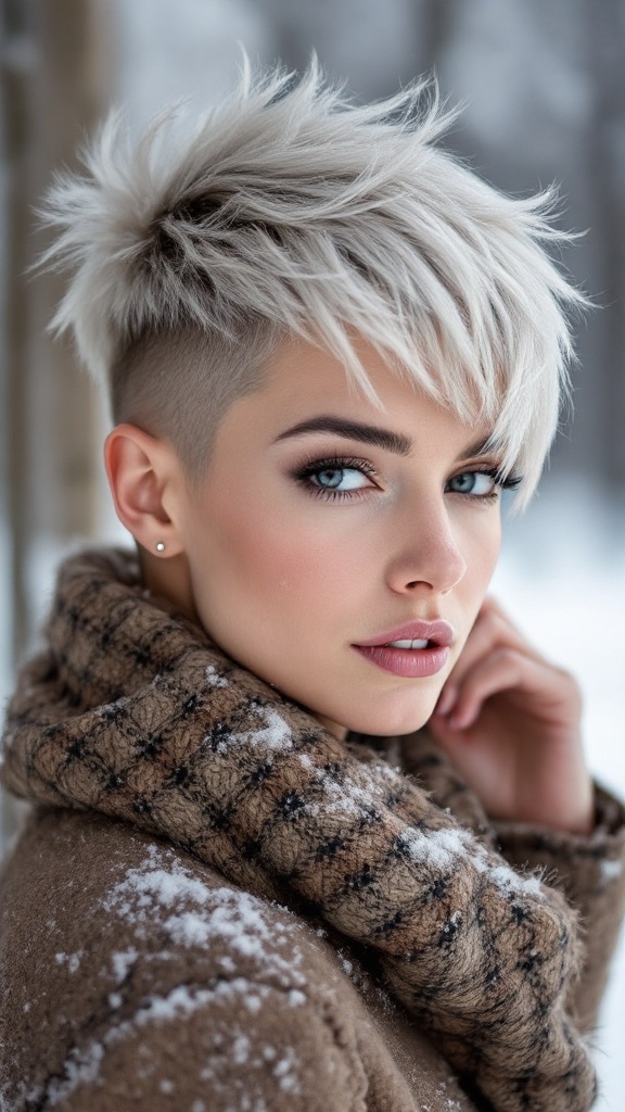 A woman with a frosted pixie cut and stylish scarf in a snowy setting.