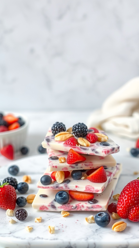 Delicious frozen yogurt bark topped with strawberries, blueberries, blackberries, and nuts.