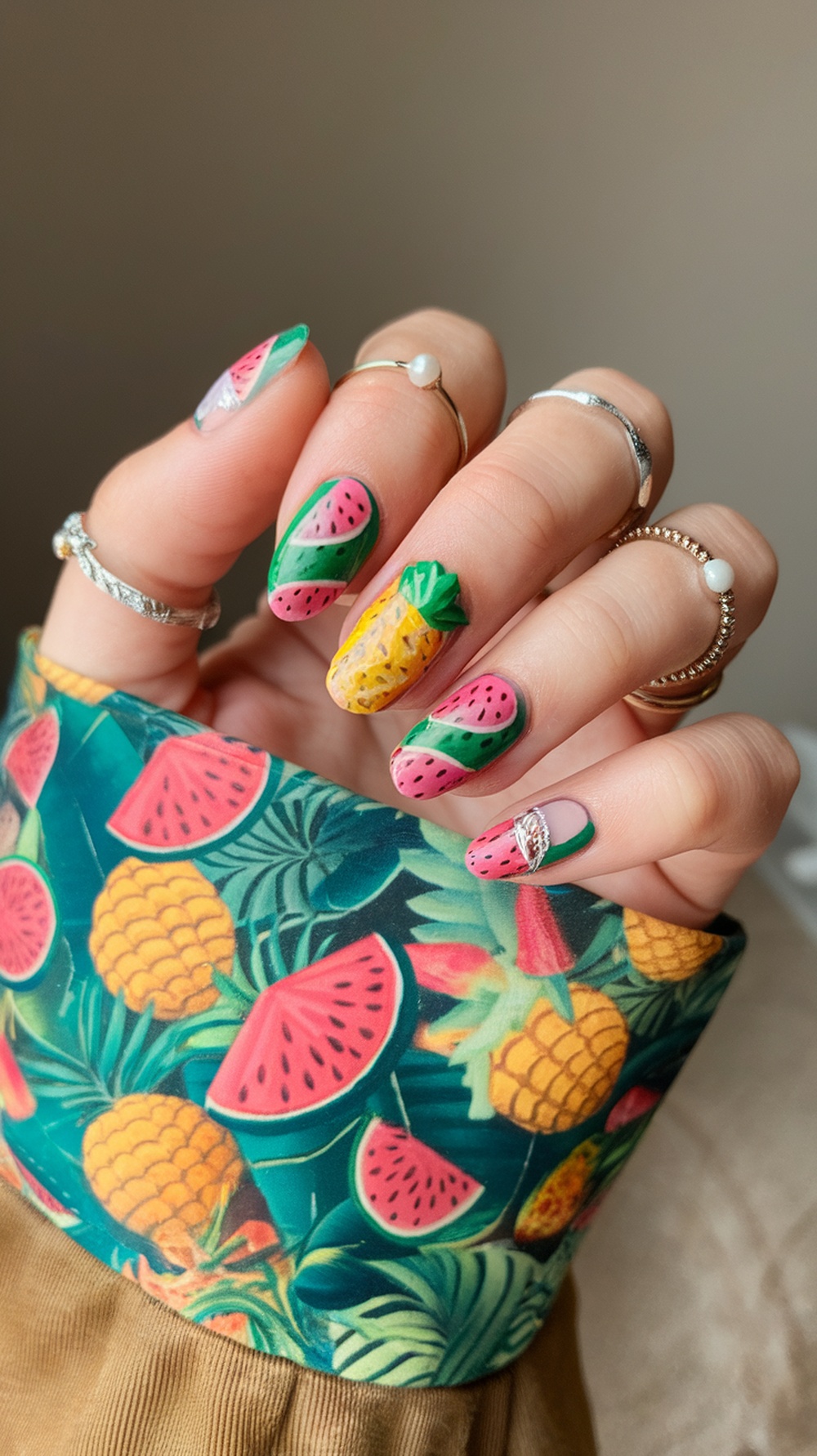 Colorful fruit-inspired nail art featuring watermelons and pineapples.