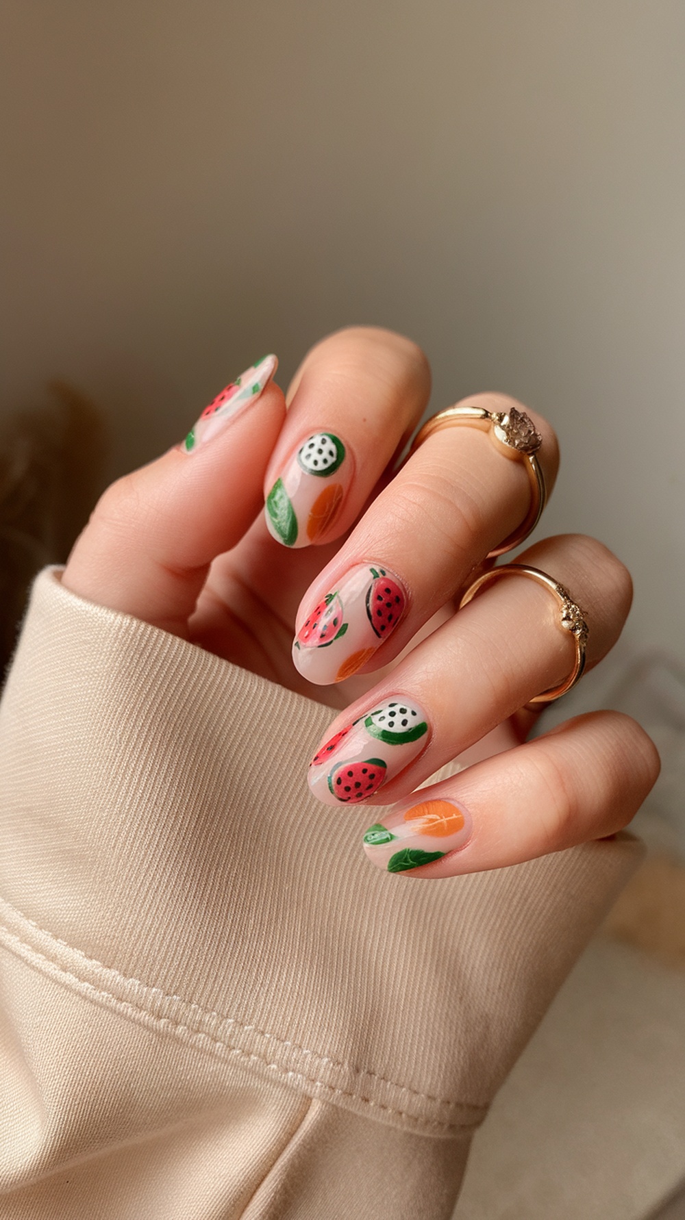 Close-up of fruit-inspired nail art featuring watermelon, orange, and green leaves on a neutral background.