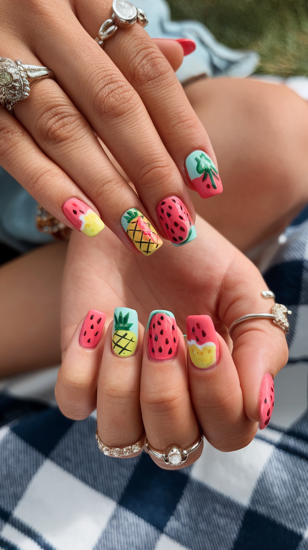 Colorful fruit-inspired nail designs featuring watermelon, pineapple, and lemon.