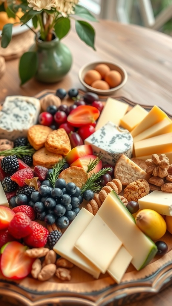 A colorful fruit and cheese board with a variety of cheeses, fruits, nuts, and crackers