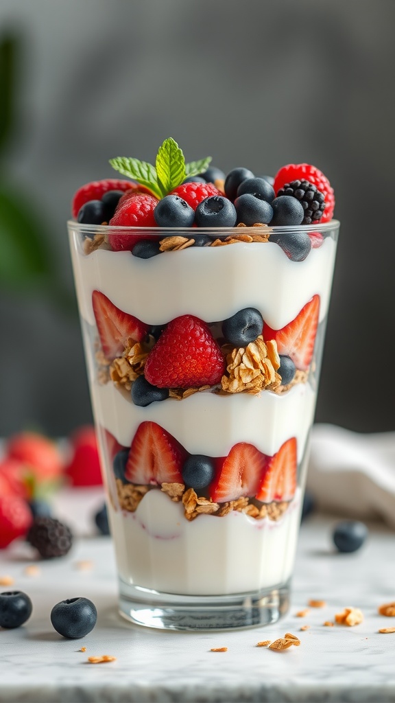A colorful fruit and yogurt parfait with layers of yogurt, granola, and mixed berries.