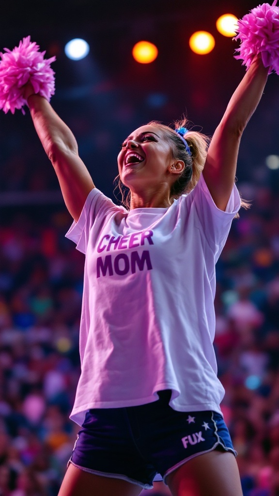 A cheerful woman wearing a 'Cheer Mom' shirt, raising her arms in excitement, surrounded by a vibrant crowd.