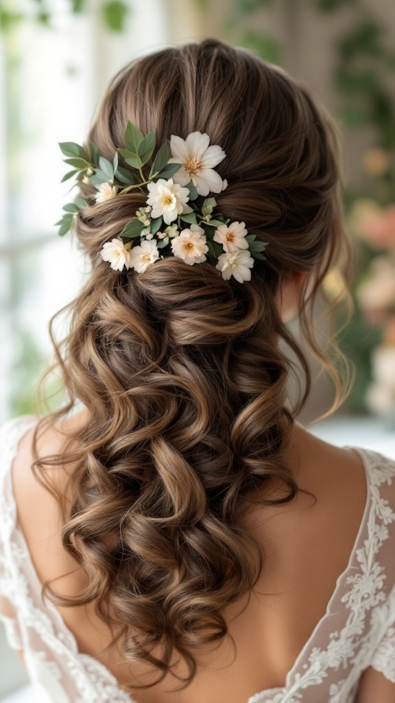 A beautiful full curly updo hairstyle with floral accents, showcasing soft curls and delicate flowers.