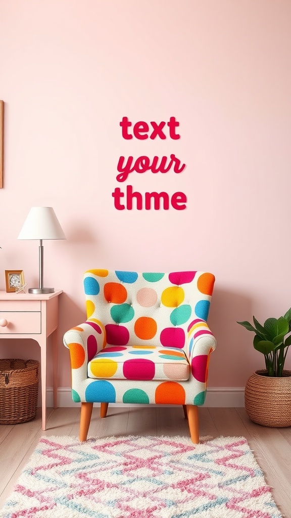 A colorful accent chair with polka dots in a girly room setting, featuring a pink wall and a cozy atmosphere.