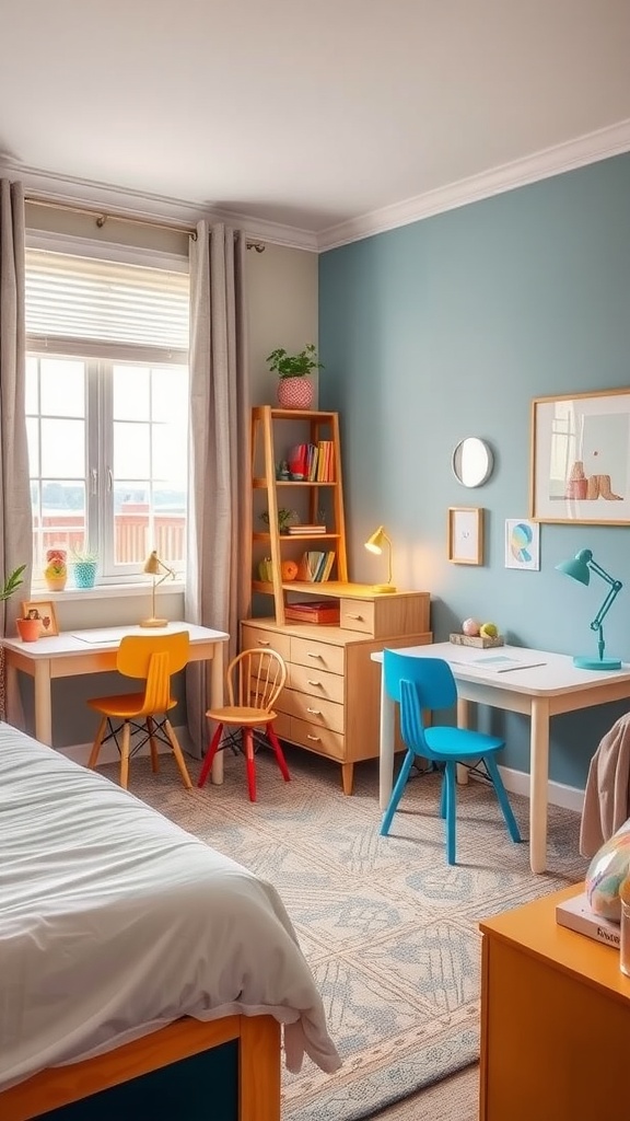 Brightly colored twin bed shared bedroom with desks and accent furniture.