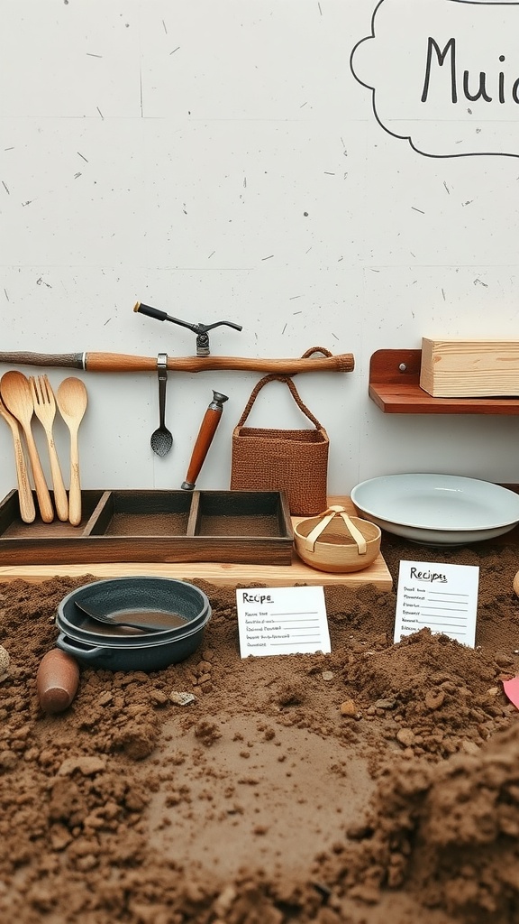 A mud kitchen setup with various wooden utensils, bowls, and recipe cards on a dirt surface.