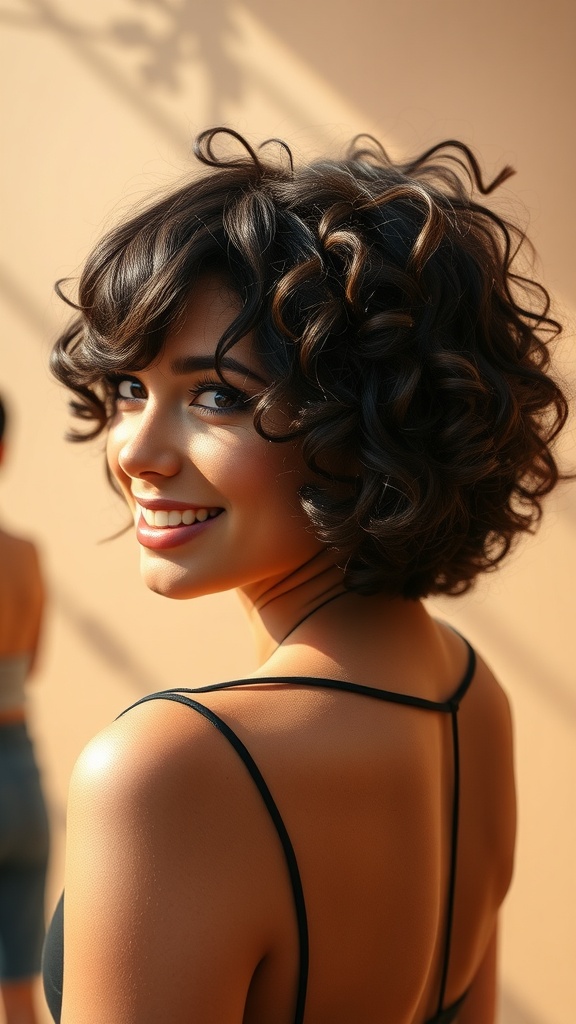 A woman with a short curly bob and playful curly bangs, smiling brightly.