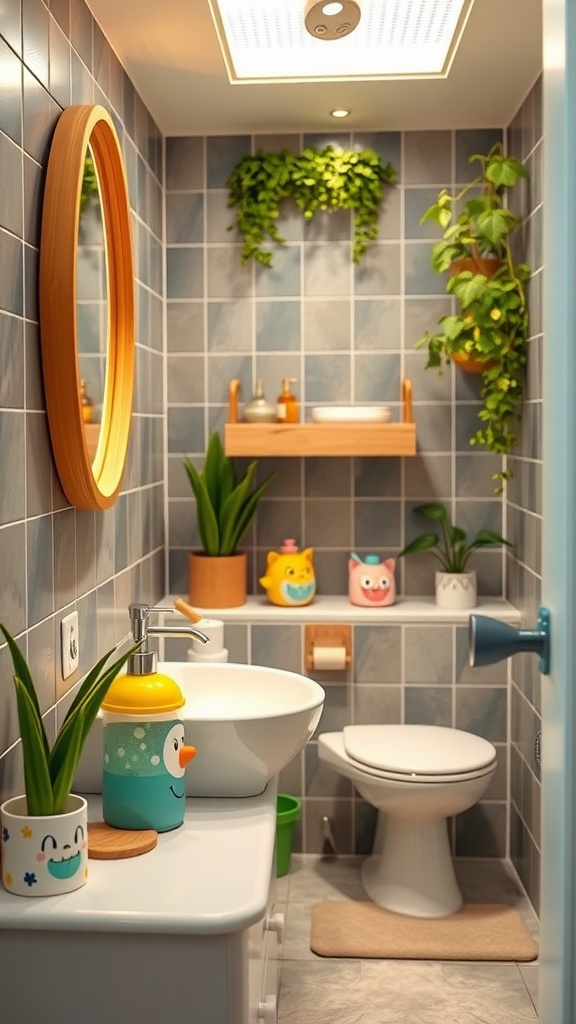 A colorful and playful kids bathroom with plant accessories and cheerful bath items.