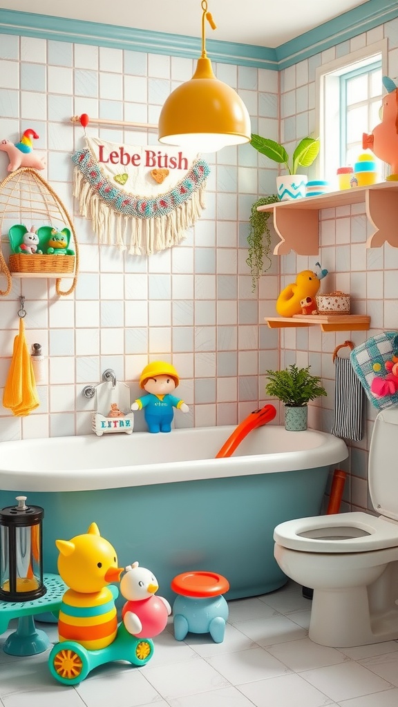 A colorful kids bathroom with a teal bathtub, orange slide, and various playful decorations and toys.