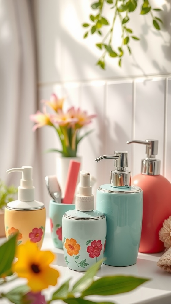 Colorful bathroom accessories with floral designs on a shelf, alongside flowers and plants
