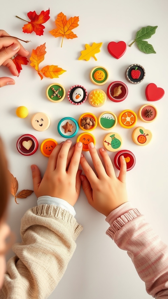 Colorful bottle caps arranged on a table with autumn leaves and children's hands