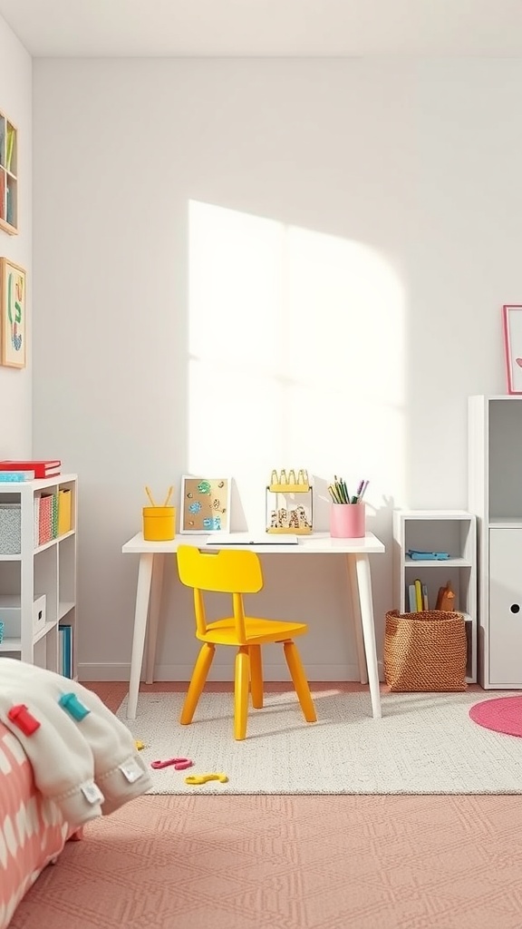 A colorful kindergarten bedroom with a bright yellow chair and a white desk, surrounded by organized storage and playful decor.