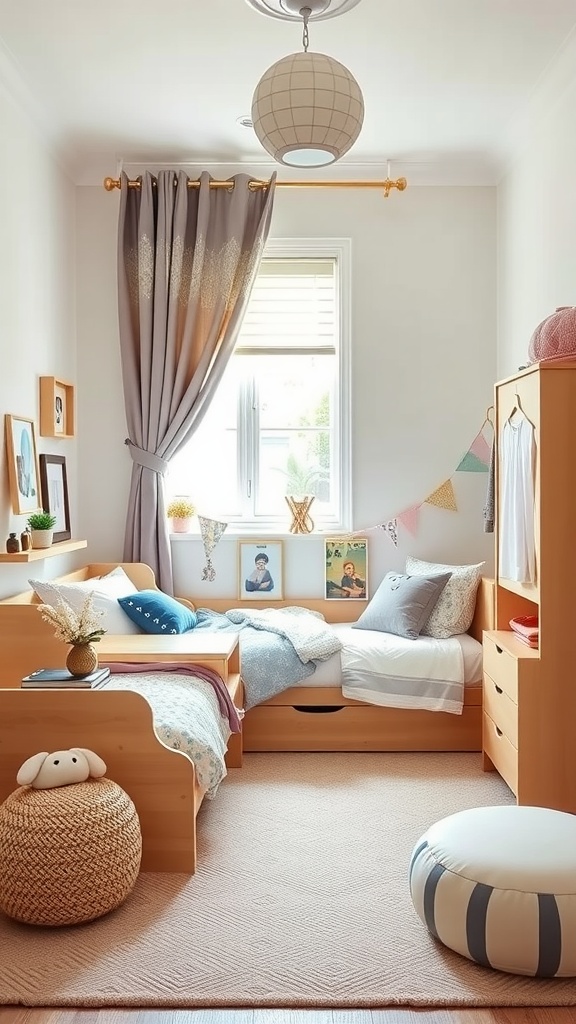 A cozy small toddler bedroom featuring a light wood bed with storage, playful poufs, and colorful decor.