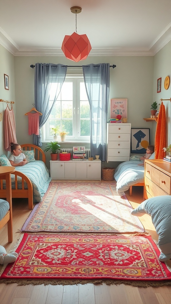 A bright and cozy bedroom for two sisters featuring a colorful rug, two beds, and playful decor.