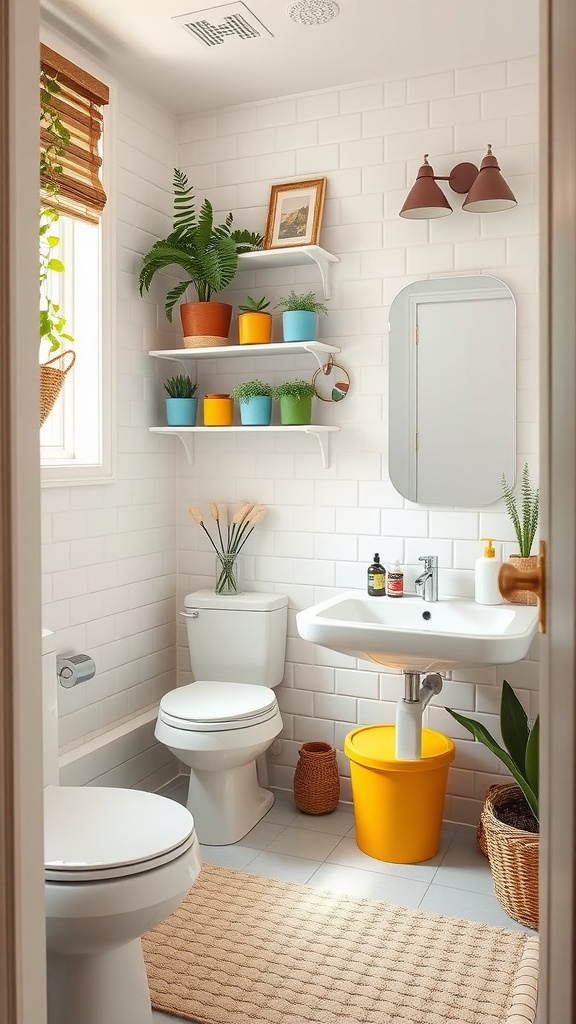 A bright kids' bathroom featuring colorful storage solutions and plants.