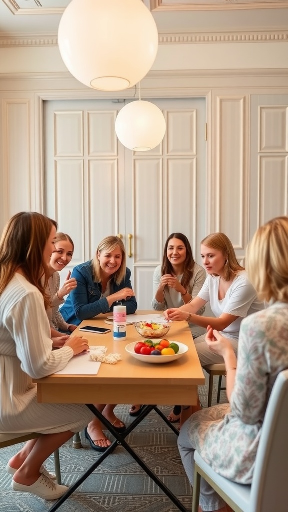 Group of friends engaged in fun activities at a gender-neutral baby shower.