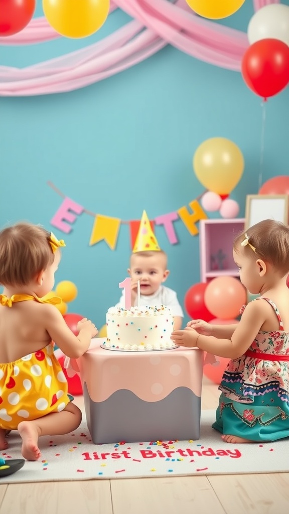 Toddlers celebrating a boy's first birthday with a colorful cake and balloons.