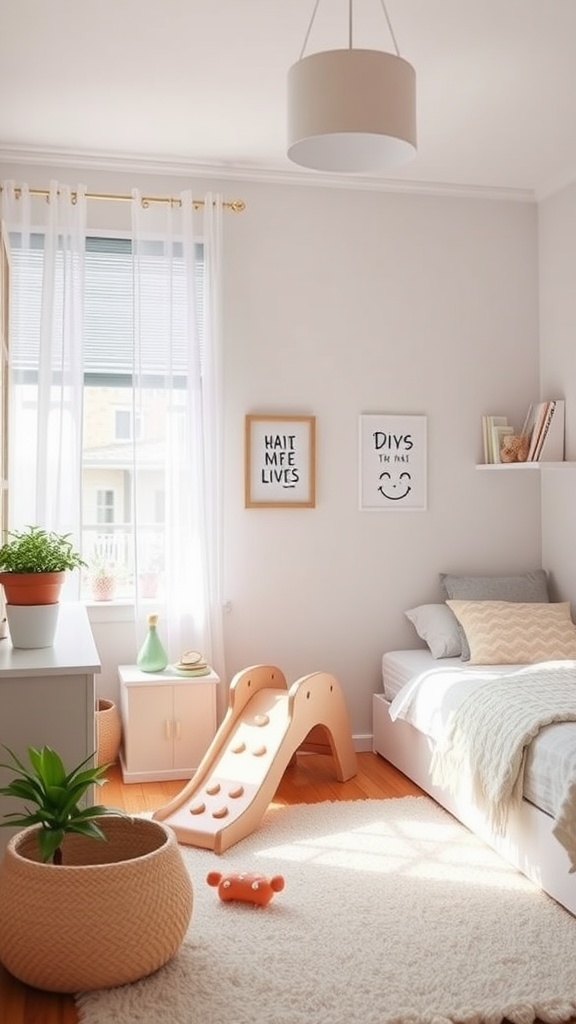 Bright and playful toddler bedroom featuring a small slide, cozy rug, and soft color tones.