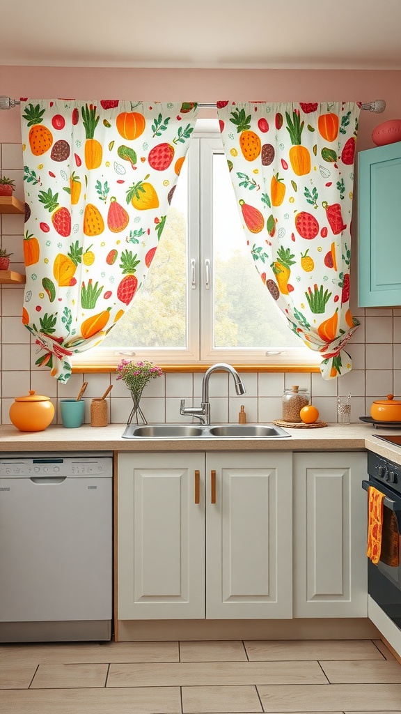Colorful kitchen curtains with fruit patterns