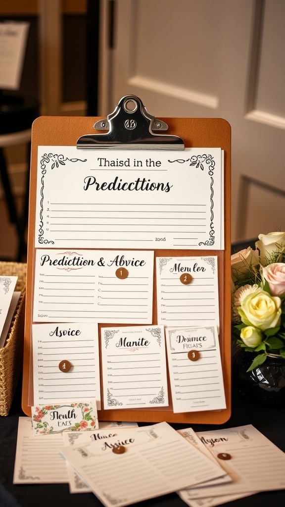 Clipboard with prediction and advice cards for a baby sprinkle event.