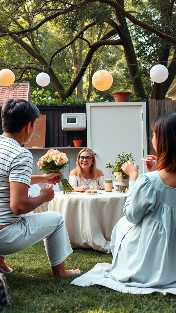 A group of friends enjoying a backyard baby shower with activities and games.