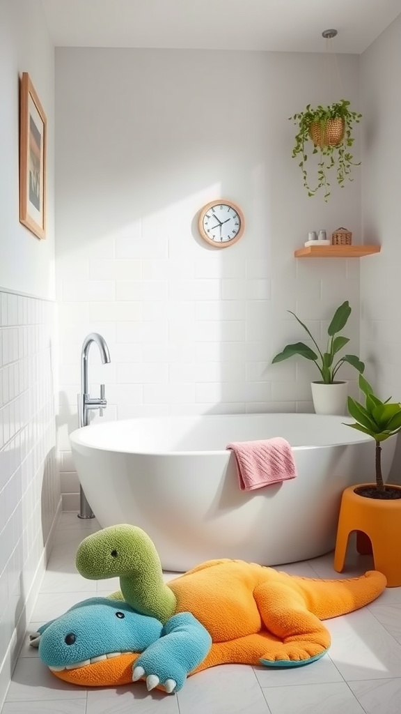 Colorful dinosaur-shaped bath mat in a bright kids' bathroom