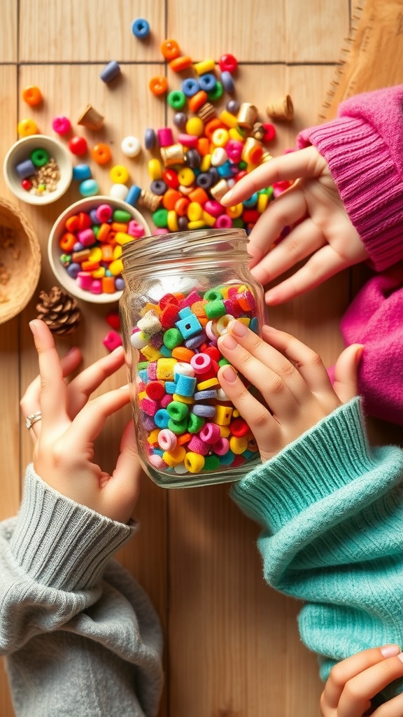 Children's hands reaching for colorful beads and crafting materials from a mason jar on a wooden table.