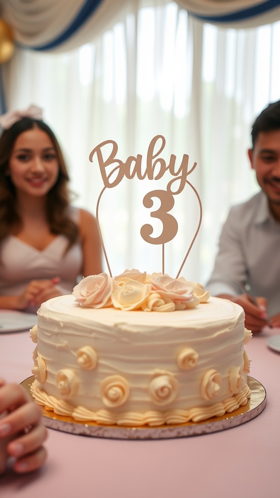 A beautiful cake with a 'Baby 3' topper, surrounded by happy people.