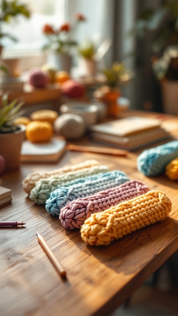 Colorful crochet pencil cases on a wooden table, surrounded by crafting materials.