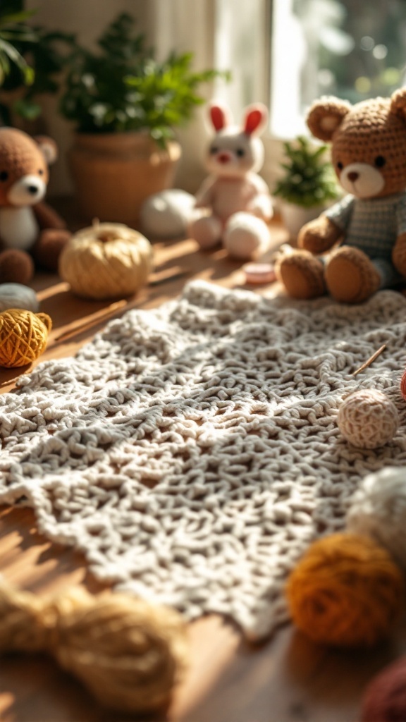 A cozy scene with crocheted stuffed animals and colorful yarn