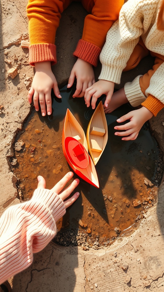 Children's hands reaching for colorful paper boats in a puddle.