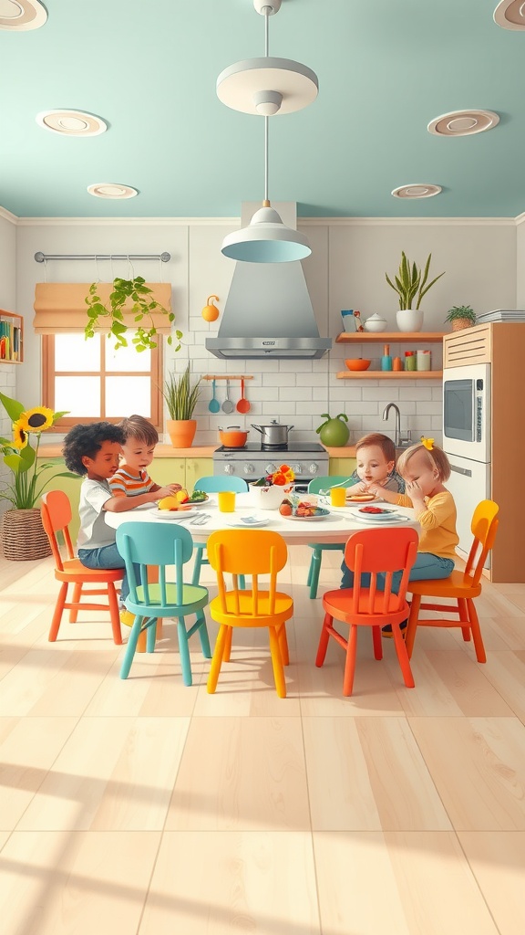 Colorful kitchen scene with children enjoying a meal together at a round table.