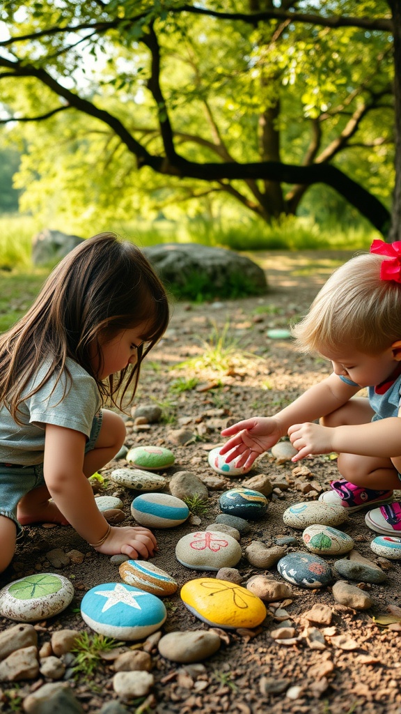 Two children playing with colorful painted rocks in a natural outdoor setting.