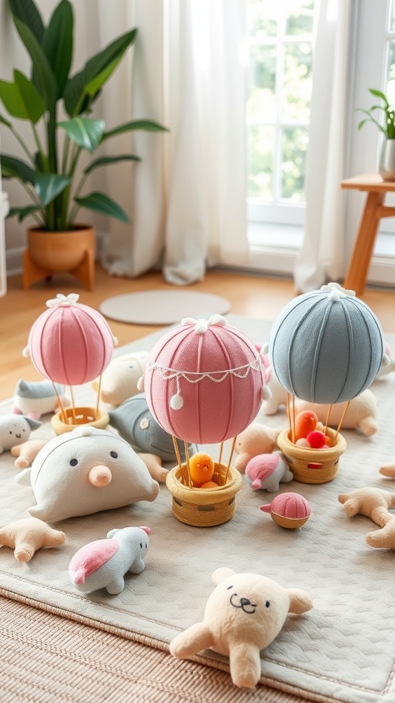 A colorful arrangement of plush hot air balloons and cute animal toys on a soft play mat