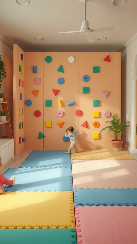 A bright playroom with a colorful climbing wall and soft mats for toddlers to play on.