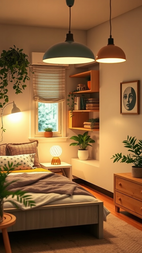 A cozy shared bedroom with warm lighting, plants, and a soft color palette.