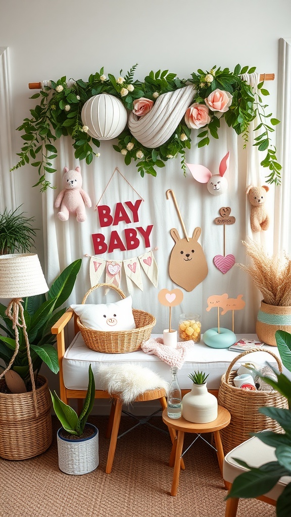 A cozy baby shower photo backdrop with decorations including stuffed animals, plants, and a 'BABY' banner.