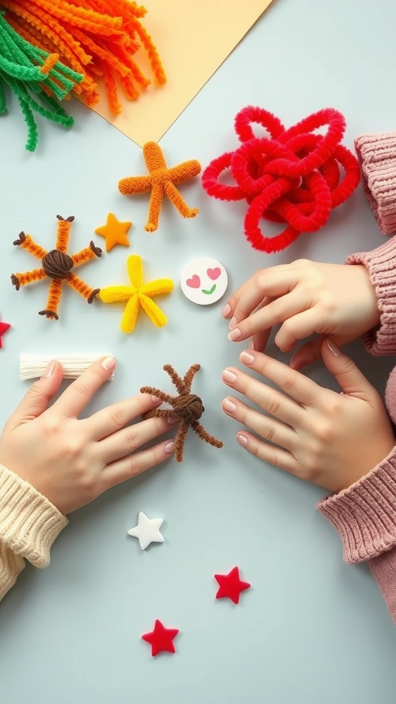 Colorful pipe cleaners and crafted shapes on a table with children's hands
