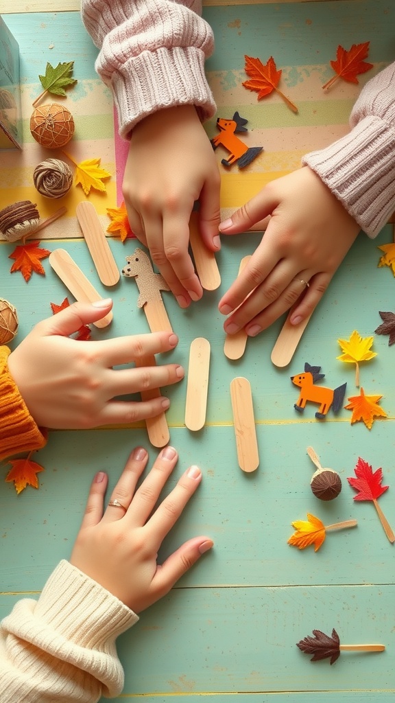 Hands arranging popsicle sticks and colorful decorations for puppet making.