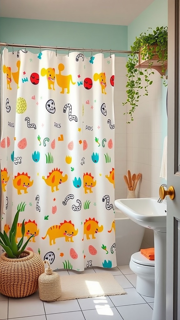 A colorful shower curtain with playful animal designs in a toddler bathroom setting.